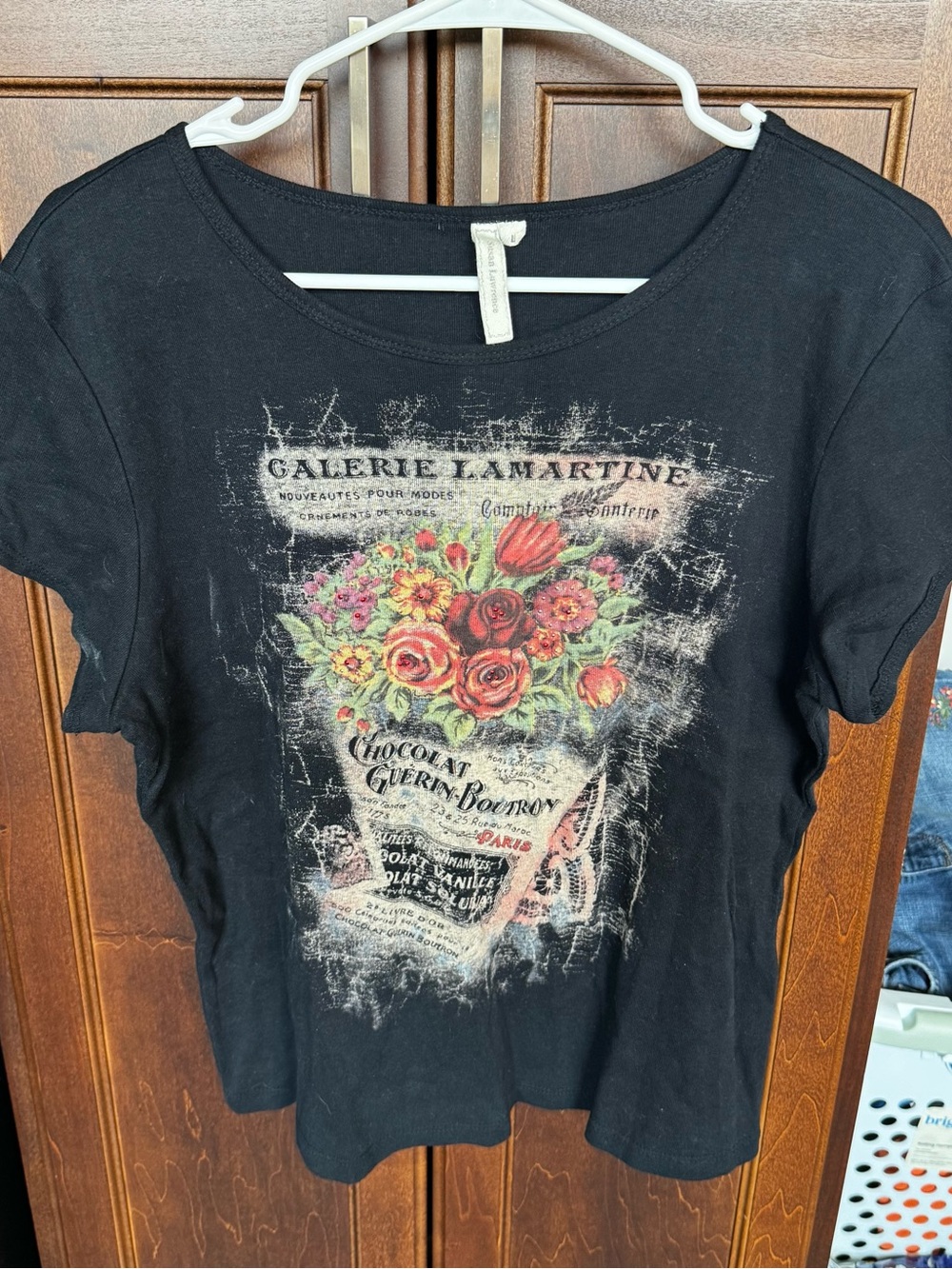 Susan Lawrence Vintage Y2K Paris Graphic Tee Floral Rhinestone Whimsigoth Top L
